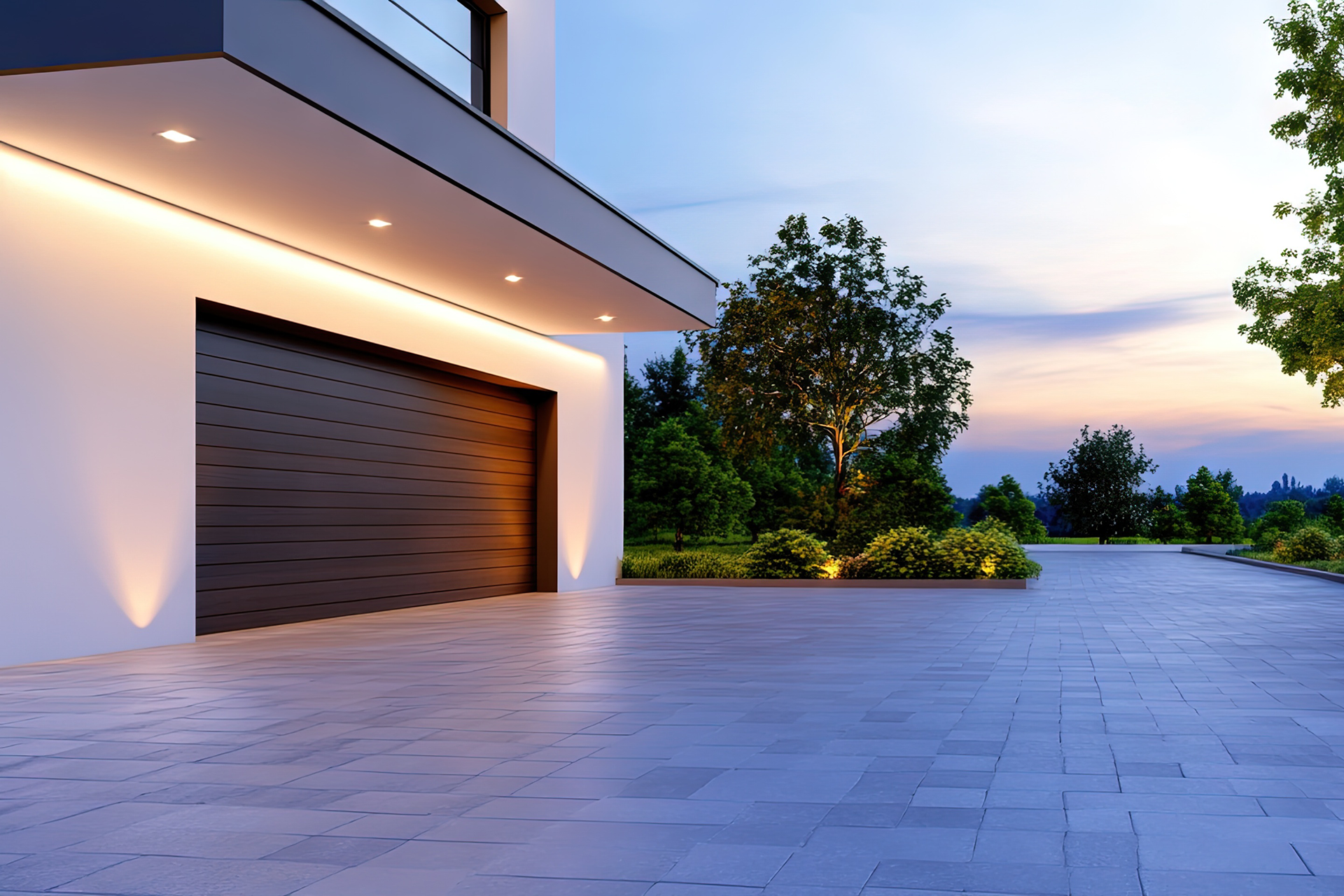 Modern garage door being installed at residence